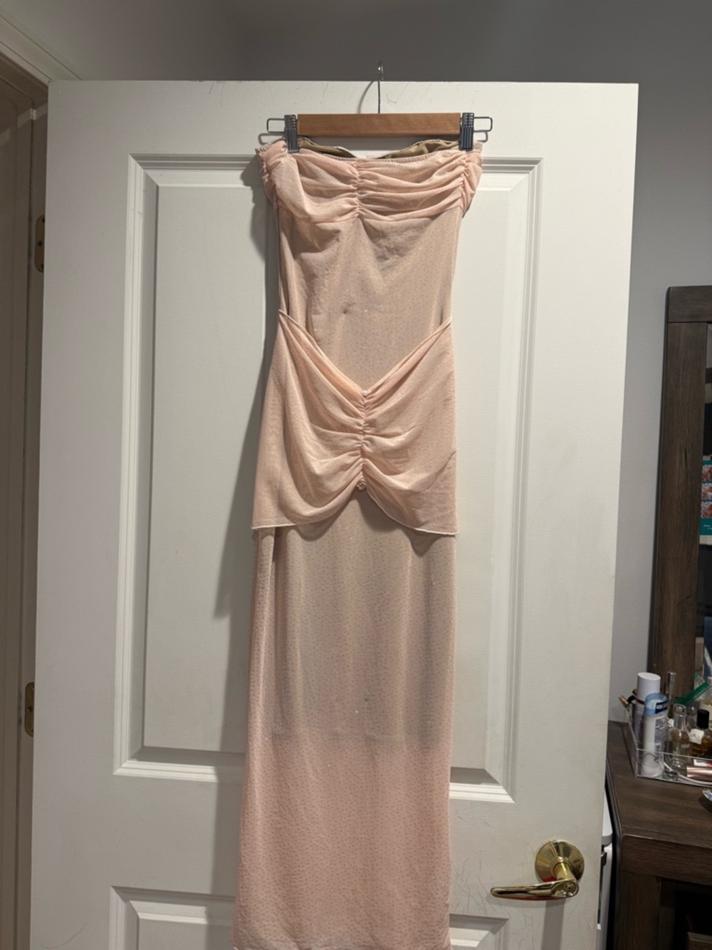 Blush Pink Strapless Ruched Maxi Dress